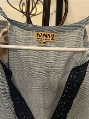 Blue Striped Blouse with Navy Lace Trim
